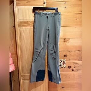 Outdoor Research Light Gray winter pants for hiking, skiing, ice climbing.